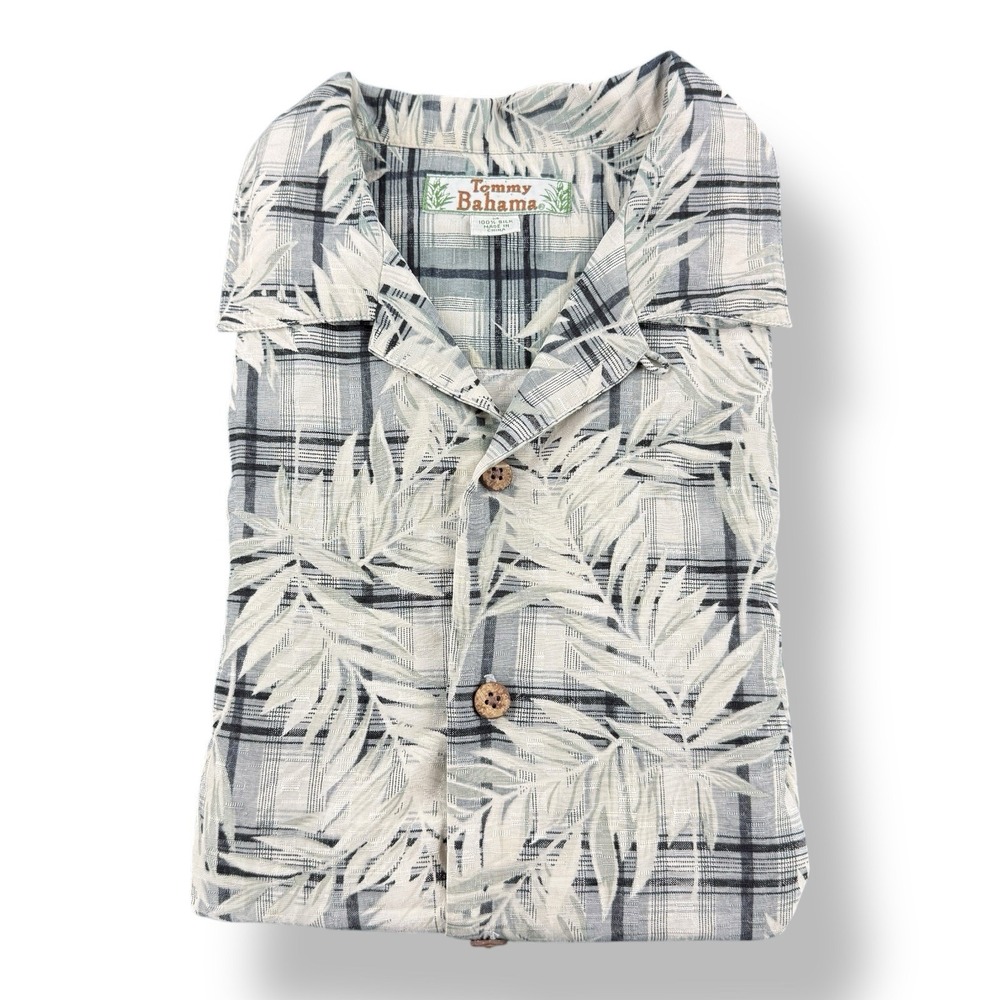 Tommy Bahama Silk Button Up Shirt Medium Cream Black Sage Palm Check Short Sleev